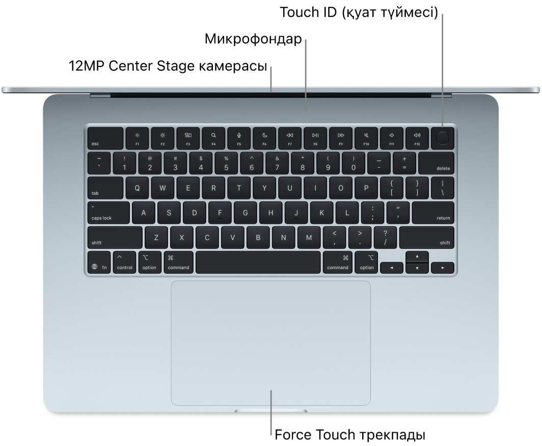 Камераға, микрофондарға, Touch ID тақтасына (қуат түймесі) және Force Touch тақтасына тілше деректері бар ашық MacBook Air компьютерінің жоғарыдан көрінісі.
