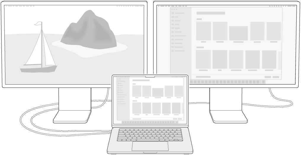 Екі Studio Display мониторының жанында сыртқы монитор ретінде пайдаланылған MacBook Air.