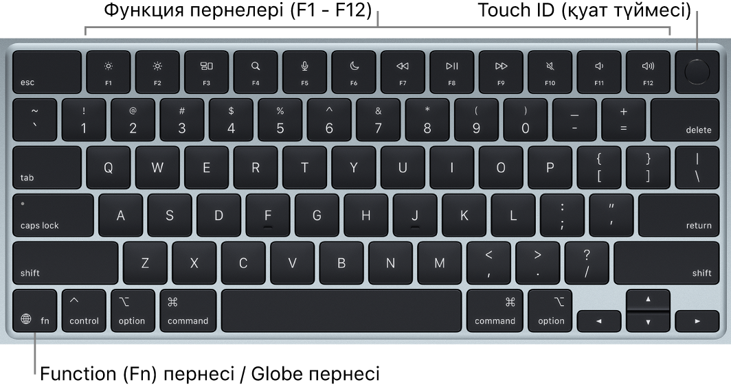 Функциялық пернелер жолын және жоғарғы жақтағы Touch ID қуат түймесін және төменгі сол жақ бұрышта Function (Fn)/Globe пернесін көрсетіп тұрған MacBook Air пернетақтасы.