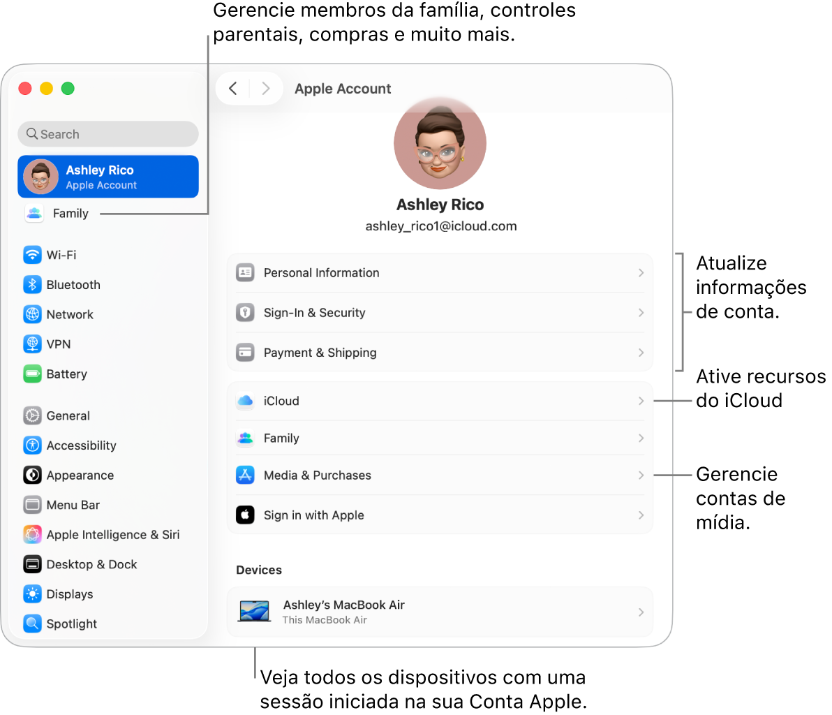 Ajustes da Conta Apple nos Ajustes do Sistema com chamadas para atualizar informações da conta, ativar ou desativar recursos do iCloud, gerenciar contas de mídia, e Família, onde você pode gerenciar membros da família, controles parentais, compras e outros.