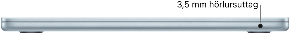 Högra sidan på en MacBook Air med ett streck som pekar mot ett 3,5 mm hörlursuttag.