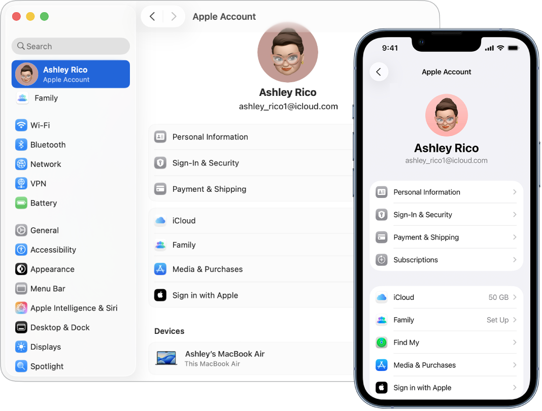iPhone 和 Mac 上的 iCloud 設定。