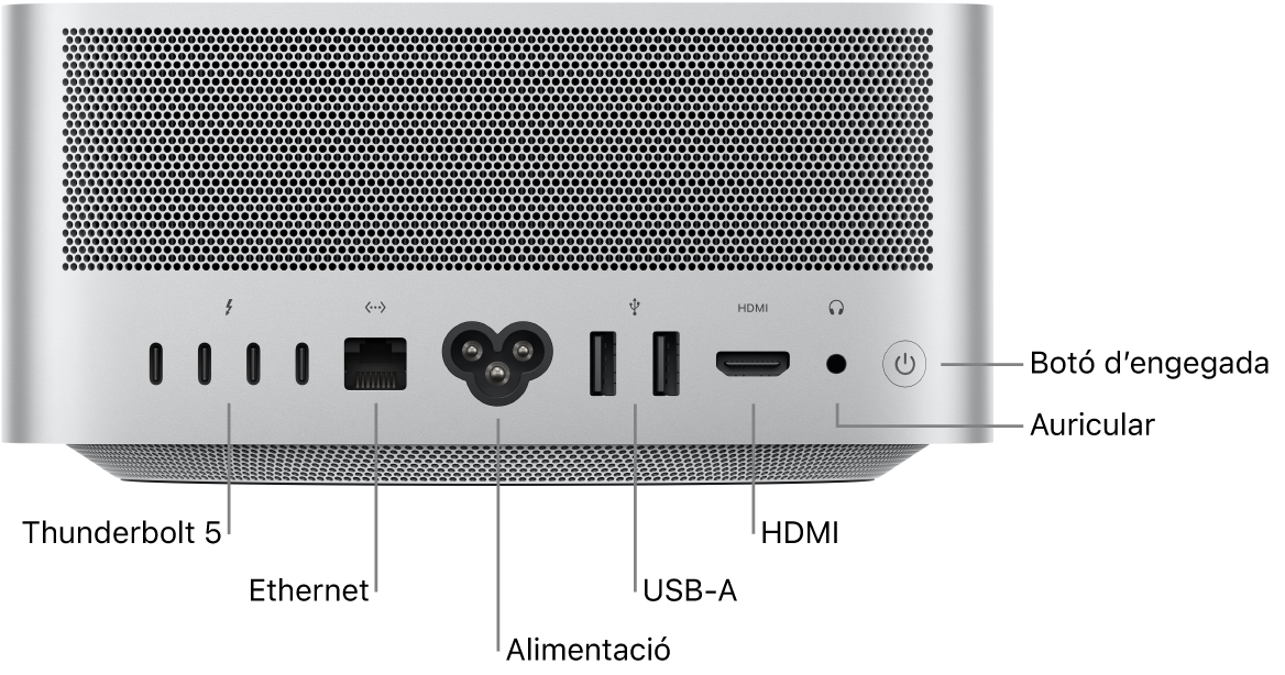 La part posterior del Mac Studio, en què es veuen quatre ports Thunderbolt 5 (USB-C), el port Gigabit Ethernet, el port d’alimentació, dos ports USB-A, el port HDMI, l’entrada d’auriculars de 3,5 mm i el botó d’engegada.