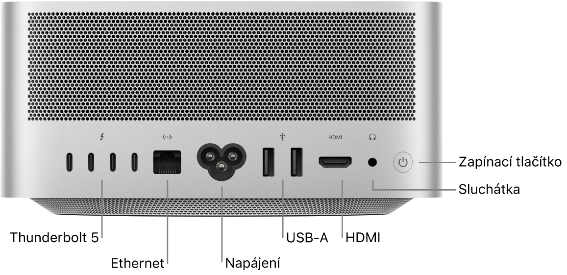 Pohled na zadní stranu Macu Studio se čtyřmi porty Thunderbolt 5 (USB‑C), portem gigabitového Ethernetu, napájecí zdířkou, dvěma USB‑A porty, HDMI portem, 3,5mm sluchátkovou zdířkou a zapínacím tlačítkem