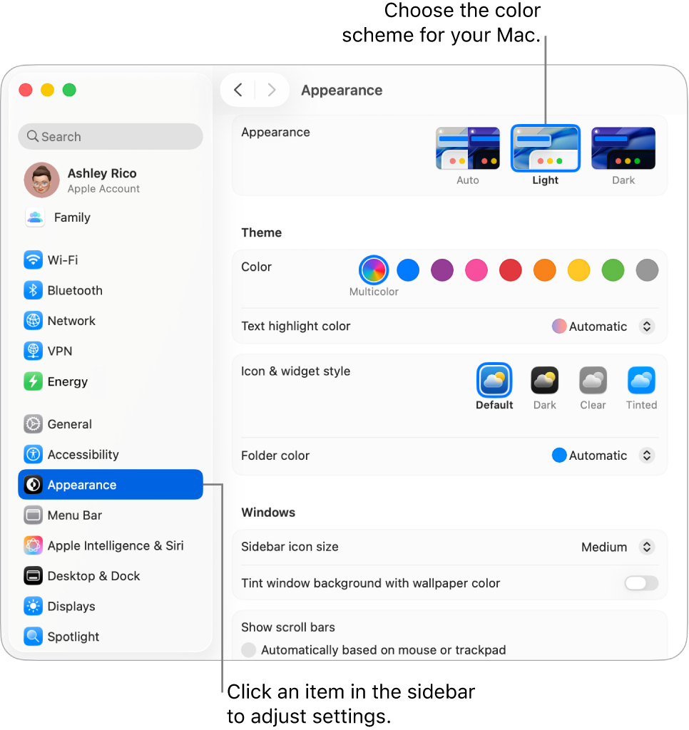The Appearance window in System Settings.