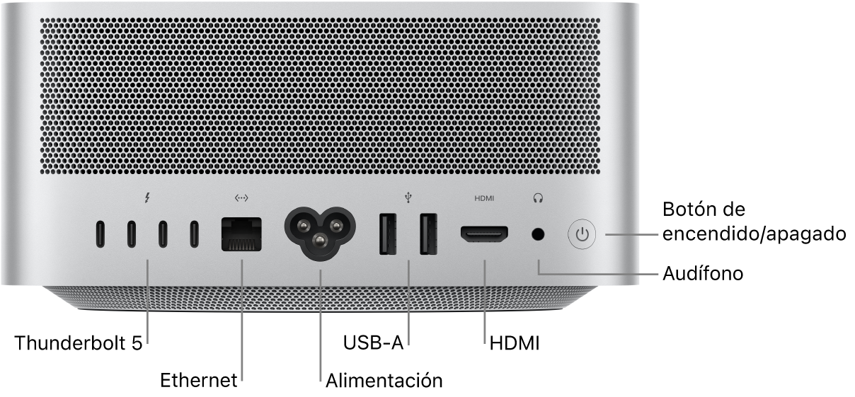 La parte posterior de la Mac Studio mostrando cuatro puertos Thunderbolt 5 (USB-C), el puerto Gigabit Ethernet, el puerto de alimentación, dos puertos USB-A, un puerto HDMI, un conector para audífonos de 3.5 mm, y el botón de encendido.