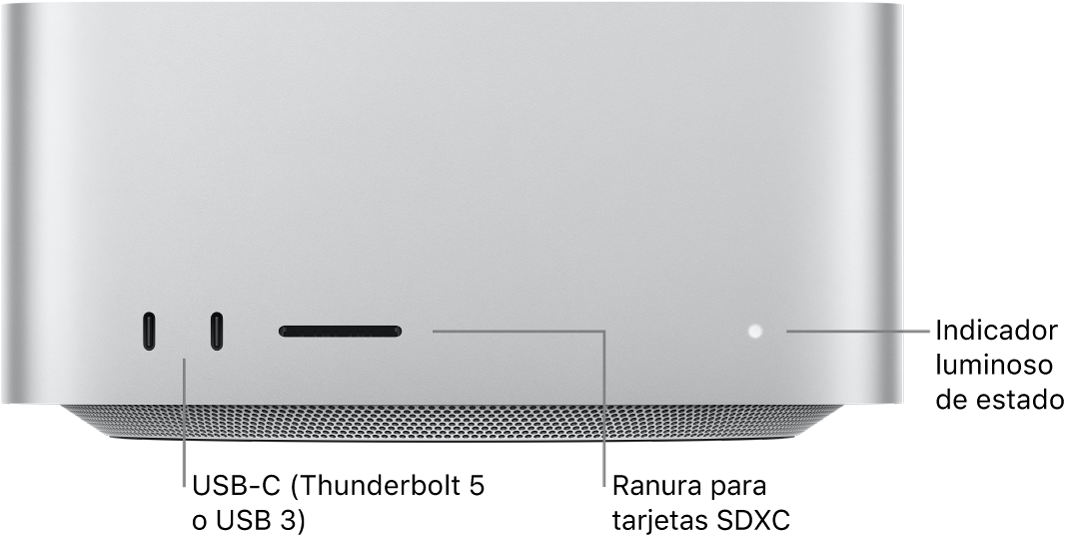 La parte delantera del Mac Studio con dos puertos USB-C, la ranura para tarjetas SDXC y el indicador luminoso de estado.
