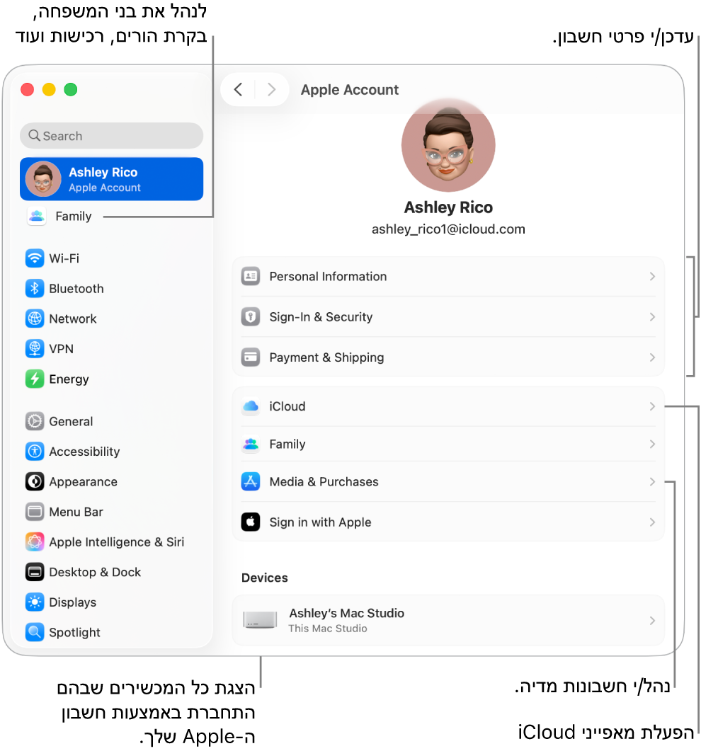 הגדרות חשבון Apple ב״הגדרות המערכת״ עם תיבות הסבר המצביעות על עדכון פרטי החשבון, הפעלה או השבתה של מאפייני iCloud, ניהול חשבונות מדיה והאזור ״משפחה״, שם ניתן לנהל חשבונות של בני משפחה, בקרות הורים, רכישות ועוד.