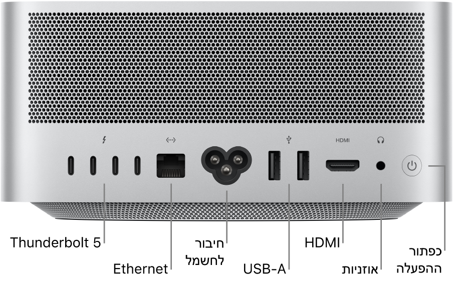 החלק האחורי של Mac Studio מציג ארבע יציאות Thunderbolt 5 (USB-C), את יציאת ה-Gigabit Ethernet, את שקע החשמל, שתי יציאות USB-A, את יציאת ה-HDMI, מחבר אוזניות של 3.5 מ״מ ואת כפתור ההפעלה.