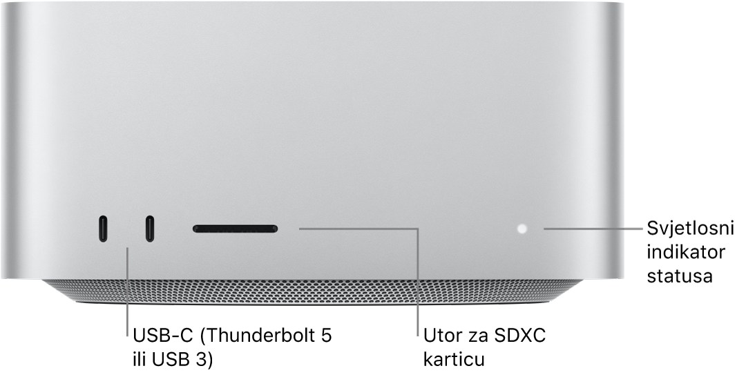 Prednja strana računala Mac Studio pokazuje dvije USB-C priključnice, utor za SDXC karticu i svjetlosni indikator stanja.