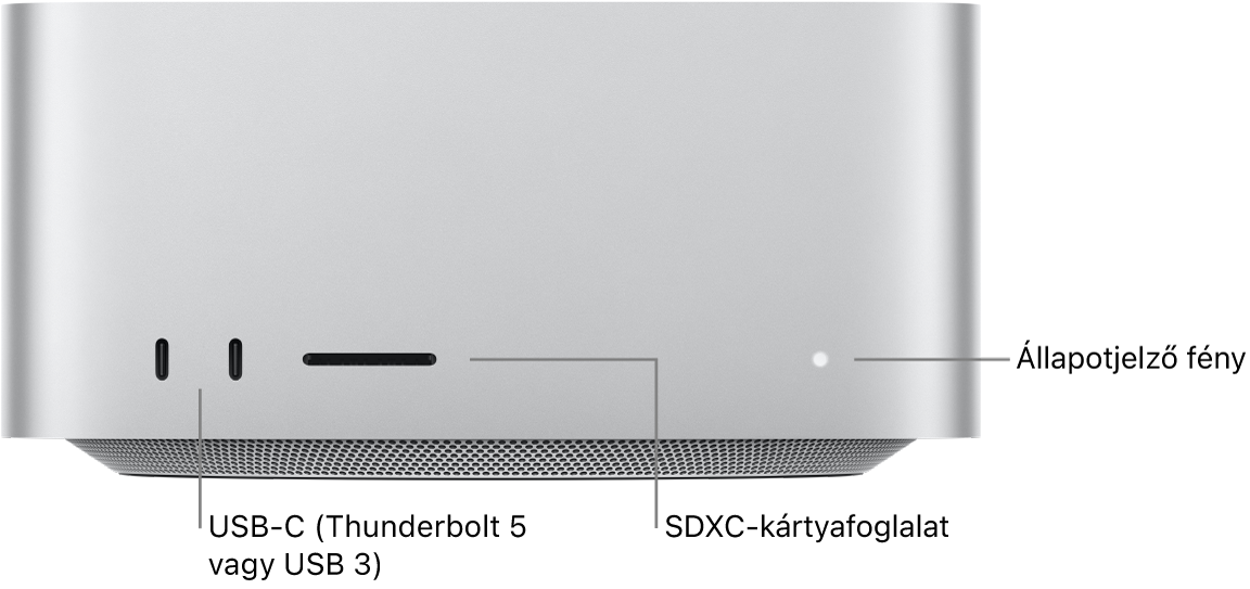 A Mac Studio elülső oldala két USB-C-porttal, az SDXC-kártyanyílással és az állapotjelző fénnyel.