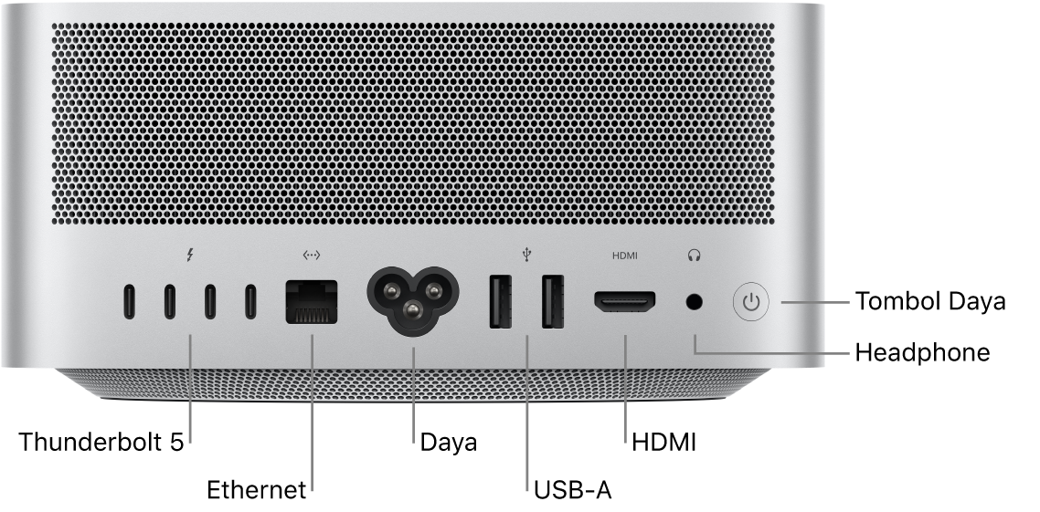 Bagian belakang Mac Studio menampilkan empat port Thunderbolt 5 (USB-C), port Gigabit Ethernet, port daya, dua port USB-A, port HDMI, jack headphone 3,5 mm, dan tombol daya.