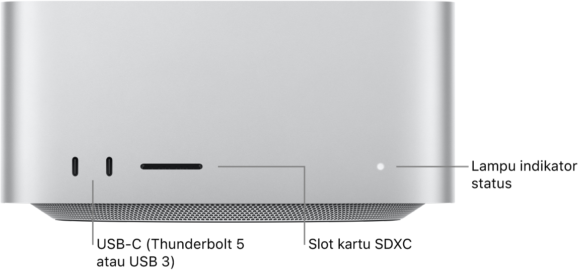Bagian depan Mac Studio menampilkan dua port USB-C, slot kartu SDXC, dan lampu indikator status.