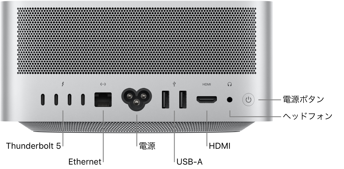 Mac Studioの背面。4つのThunderbolt 5（USB-C）ポート、ギガビットEthernetポート、電源ポート、2つのUSB-Aポート、HDMIポート、3.5 mmのヘッドフォンジャック、電源ボタンが示されています。