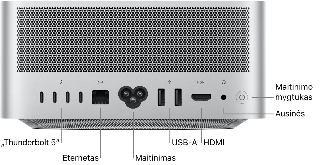 Galinė „Mac Studio“ pusė, kurioje matomi keturi „Thunderbolt 5“ (USB-C) prievadai, gigabitų eterneto prievadas, maitinimo prievadas, du USB-A prievadai, HDMI prievadas, 3,5 mm ausinių lizdas ir maitinimo mygtukas.