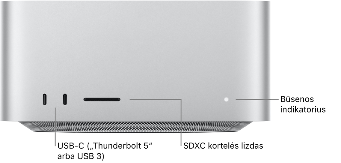 Priekinė „Mac Studio“ pusė, kurioje matosi du USB-C prievadai, SDXC kortelės lizdas ir būsenos indikatoriaus lemputė.