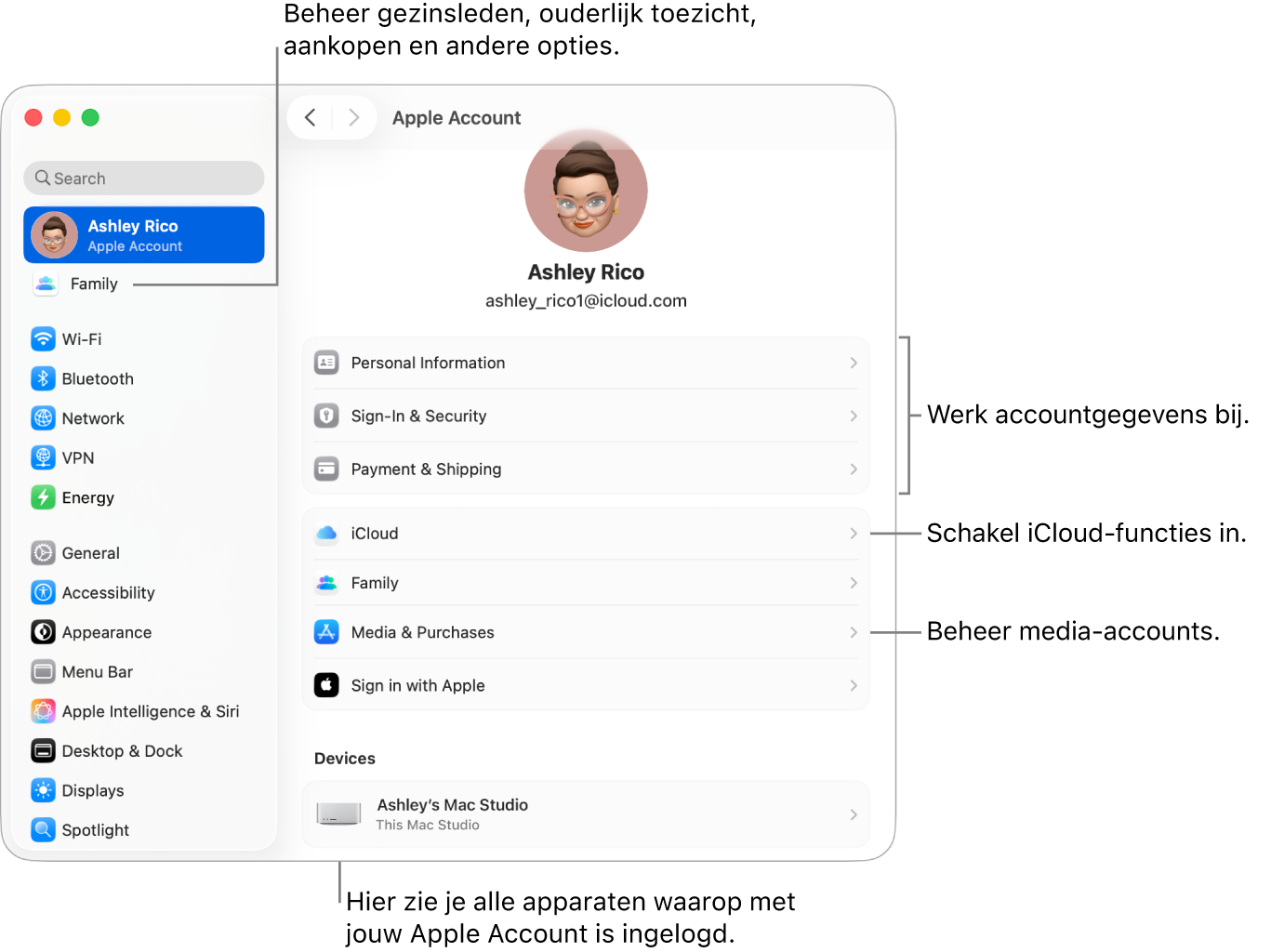 De instellingen voor 'Apple Account' in Systeeminstellingen, met bijschriften voor de opties waarmee je je accountgegevens bijwerkt, iCloud-functies in- of uitschakelt en media-accounts beheert. En de instellingen voor 'Gezin', waar je gezinsleden, ouderlijk toezicht, aankopen en andere opties beheert.