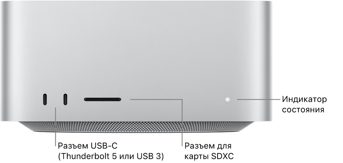 Передняя панель Mac Studio. Показаны два порта USB-C, разъем для карт SDXC и индикатор состояния.