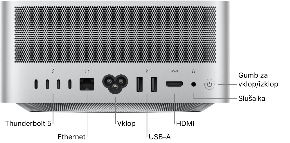 Zadnja stran Mac Studio prikazuje štiri vrata Thunderbolt 5 (USB-C), vrata Gigabit Ethernet, vrata za napajanje, dvoja vrata USB-A, vrata HDMI, 3,5 mm priključek za slušalke in gumb za vklop.