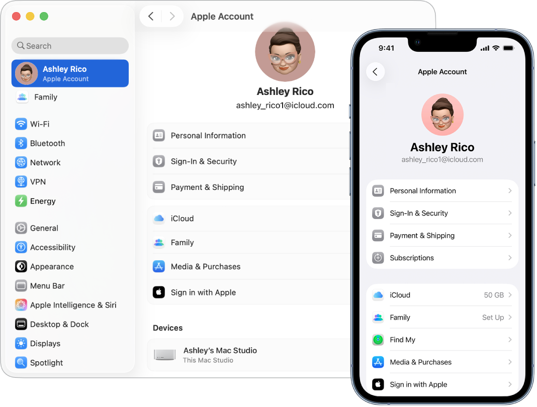 iPhone 和 Mac 上的 iCloud 设置。