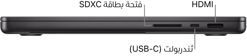عرض للجانب الأيمن من MacBook Pro مقاس 14 بوصة مع وسائل شرح لفتحة بطاقة SDXC ومنفذ ثندربولت (USB-C) ومنفذ HDMI.