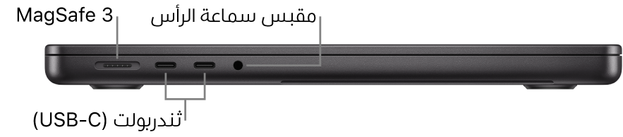 عرض للجانب الأيسر من MacBook Pro مقاس 14 بوصة مع وسائل شرح لمنفذ MagSafe 3 ومنفذي ثندربولت 4 ‏(USB-C) ومقبس سماعة الرأس.