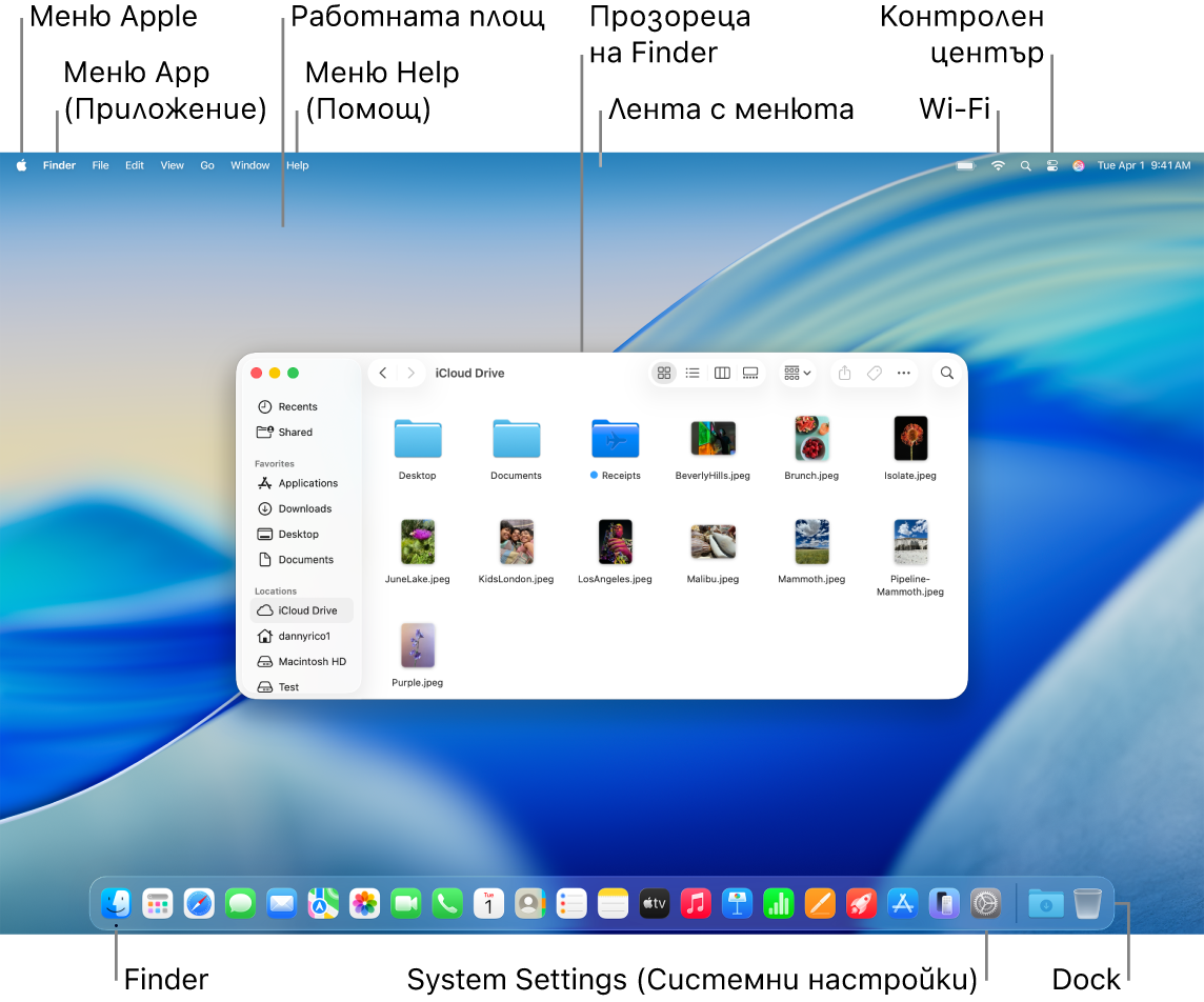 Екран на Mac, който показва меню Apple, менюто за приложения, работната площ, менюто Help (Помощ), прозорец на Finder, лентата с менюта, иконката за Wi-Fi, иконката за Контролен център, иконката за Finder, иконката за System Settings (Системни настройки) и лентата Dock.
