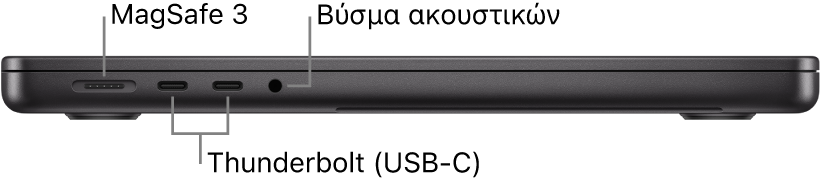 Η αριστερή πλευρά ενός MacBook Pro 14 ιντσών με επεξηγήσεις για τη θύρα MagSafe 3, δύο θύρες Thunderbolt 4 (USB-C) και την υποδοχή (θύρα) ακουστικών.