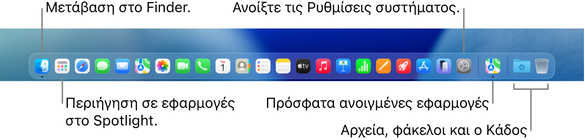 Το Dock, όπου φαίνονται το Finder, οι Ρυθμίσεις συστήματος, και το διαχωριστικό στο Dock που διαχωρίζει τις εφαρμογές από τα αρχεία και τους φακέλους.