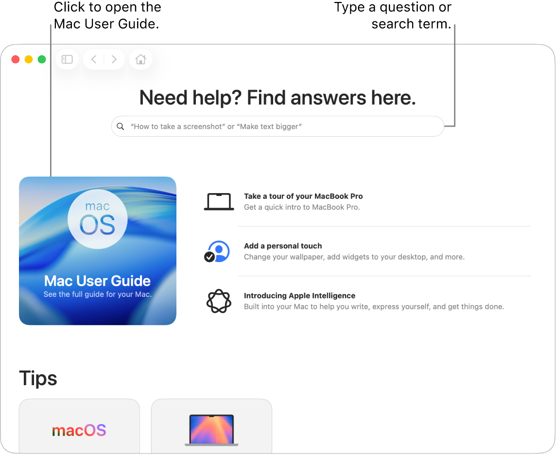 The Tips App Landing page showing the Mac User Guide, the search field, and suggested topics.