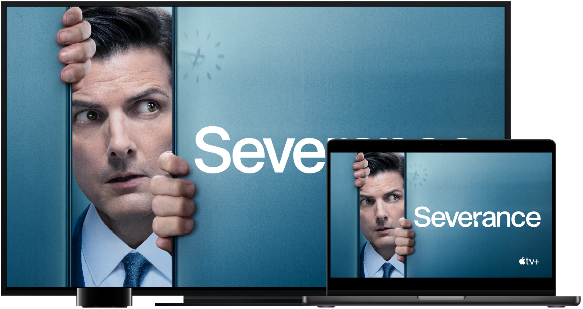 A MacBook Pro with its content mirrored on a large high-resolution TV using Apple TV.