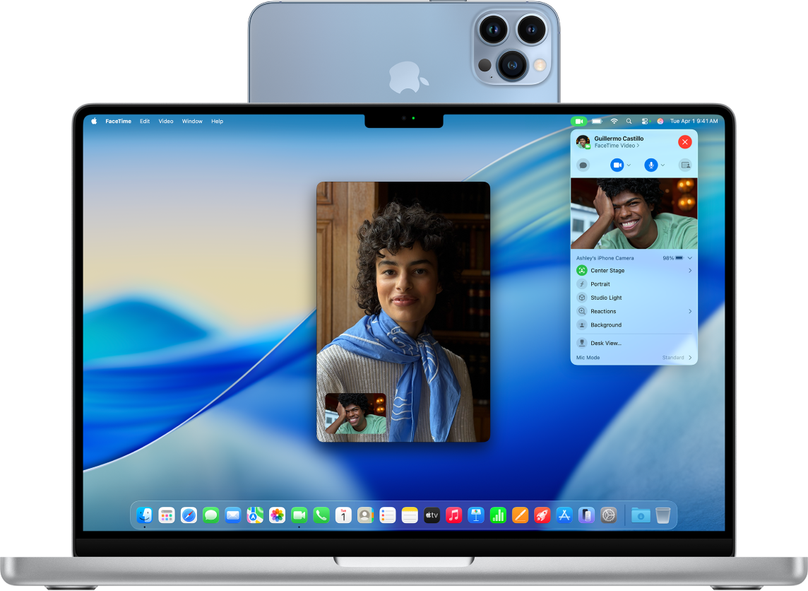 A FaceTime call on an iPhone next to a Mac desktop with an open Keynote window. In the upper-right corner of the Mac desktop, there is a button to switch the FaceTime call to the Mac.