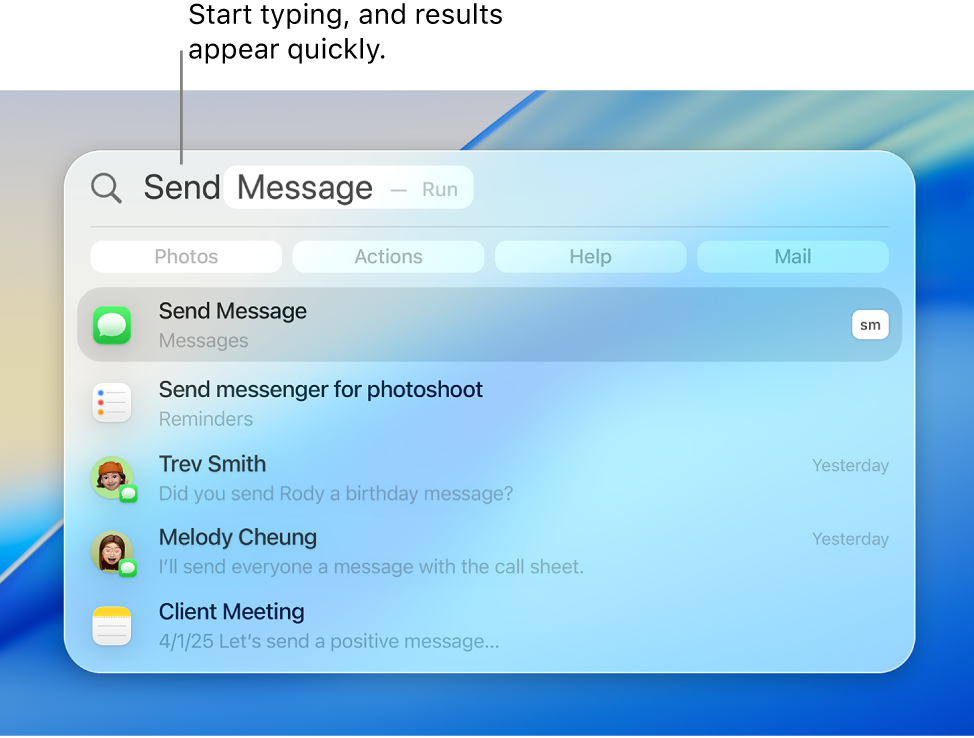The Spotlight window showing how to send a message.