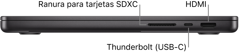 La vista del lado derecho de un MacBook Pro de 14 pulgadas con indicaciones a la ranura para tarjetas SDXC, el puerto Thunderbolt (USB-C) y el puerto HDMI.