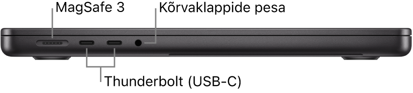 14-tollise MacBook Pro vasaku külje vaade väljaviikudega MagSafe 3-pordile, kahele Thunderbolt 4 (USB-C) pordile ning kõrvaklappide pesale.