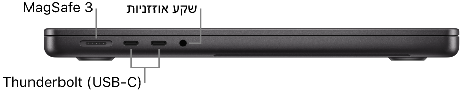 מבט מצד שמאל על ה-MacBook Pro בגודל 14 אינץ’ עם סימונים של יציאת MagSafe 3, של שתי יציאות Thunderbolt 4 ‏(USB‑C) ושל שקע האוזניות.