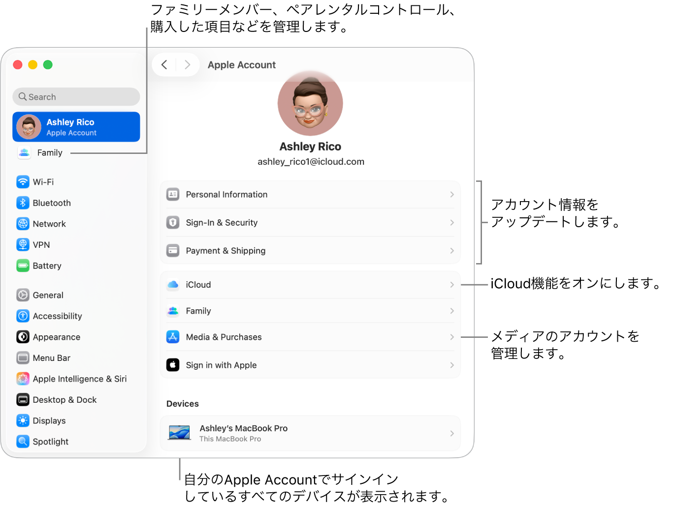「システム設定」の「Apple Account」設定。アカウント情報のアップデート、iCloud機能のオン/オフ、メディアアカウントの管理と、ファミリーメンバー、ペアレンタルコントロール、購入などを管理できる「ファミリー」へのコールアウトがあります。