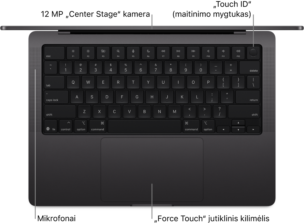Atidaryto 16 colių „MacBook Pro“ vaizdas iš viršaus, matosi kameros, „Touch ID“ (maitinimo mygtuko), mikrofonų ir „Force Touch“ jutiklinio pulto šaukiniai.