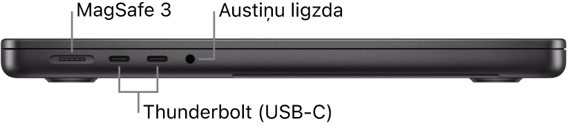 Skats uz 14 collu MacBook Pro datora kreiso pusi ar remarkām pie MagSafe 3 porta, diviem Thunderbolt 4 (USB-C) portiem un austiņu ligzdas.