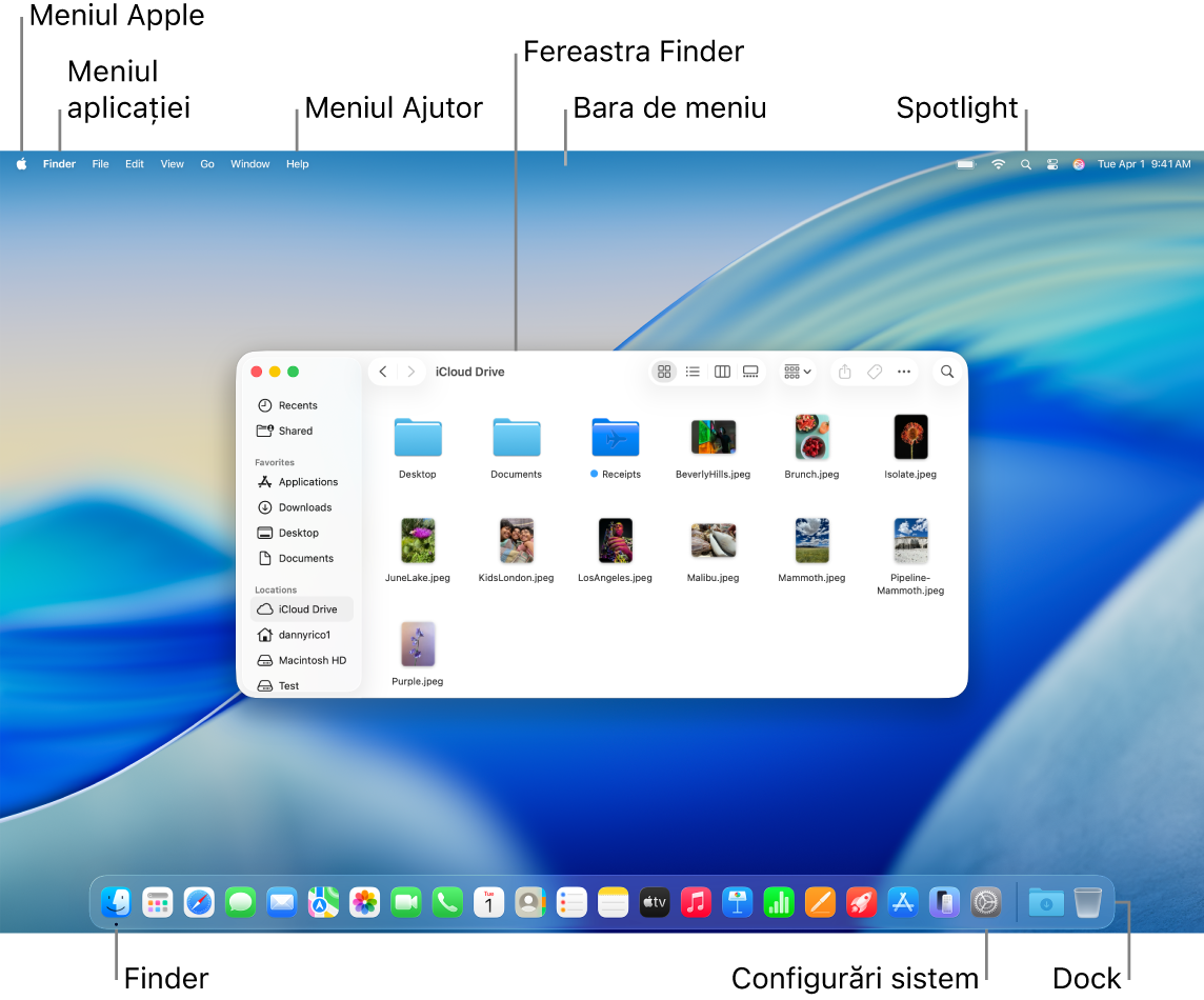 Un ecran Mac afișând meniul Apple, meniul Aplicații, meniul Ajutor, o fereastră Finder, bara de meniu, pictograma Spotlight, pictograma Finder, pictograma Configurări sistem și Dock-ul.