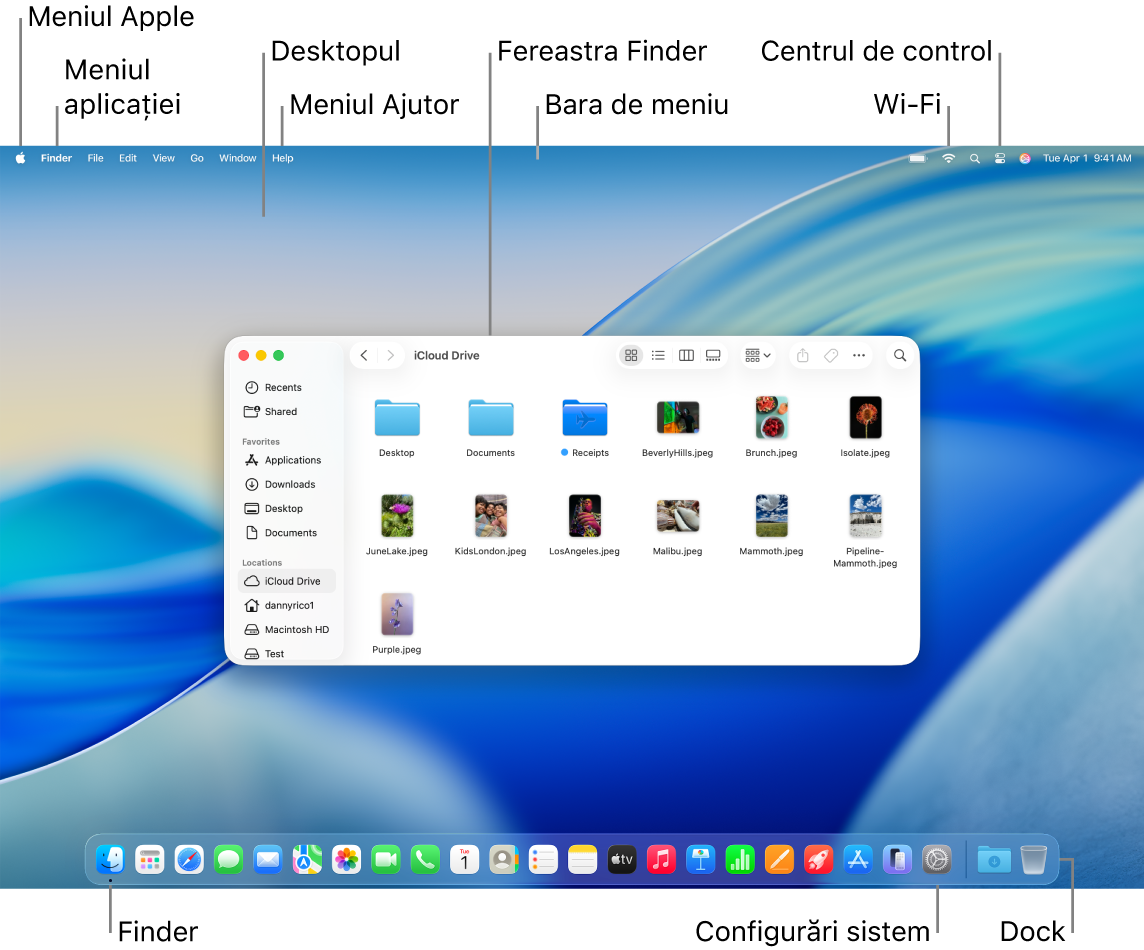 Ecranul unui Mac cu meniul Apple, meniul aplicației, desktopul, meniul Ajutor, o fereastră Finder, bara de meniu, pictograma Wi-Fi, pictograma Centru de control, pictograma Finder, pictograma Configurări sistem și Dock-ul.