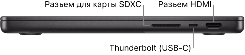 14-дюймовый MacBook Pro, вид справа. Показан разъем для карты SDXC, разъем Thunderbolt (USB-C) и разъем HDMI.