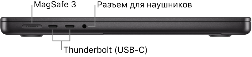 14-дюймовый MacBook Pro, вид слева. Показан разъем MagSafe 3, два разъема Thunderbolt 4 (USB‑C) и разъем для наушников.
