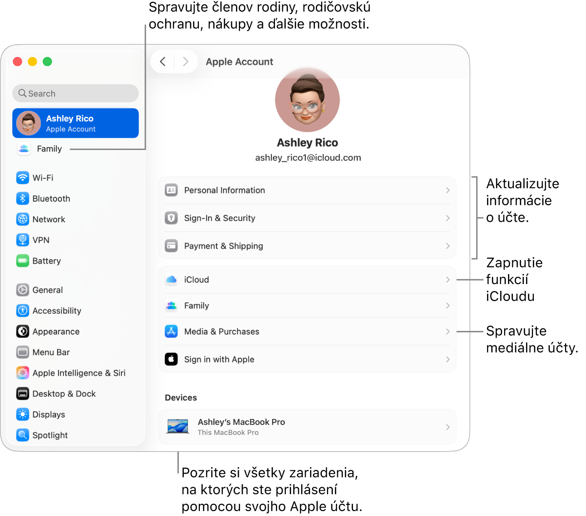 Nastavenia Apple účet v Systémových nastaveniach s popismi na aktualizáciu informácií o účte, zapnutie alebo vypnutie funkcií iCloudu, správu mediálnych účtov a položku Rodina, kde môžete spravovať členov rodiny, rodičovskú ochranu, nákupy a ďalšie možnosti.