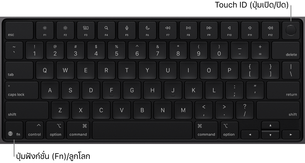 แป้นพิมพ์ MacBook Pro ที่แสดงแถวของปุ่มฟังก์ชั่นและปุ่มเปิด/ปิด Touch ID ที่ด้านบนสุด และปุ่มฟังก์ชั่น (Fn) / ปุ่มลูกโลกที่มุมซ้ายล่าง