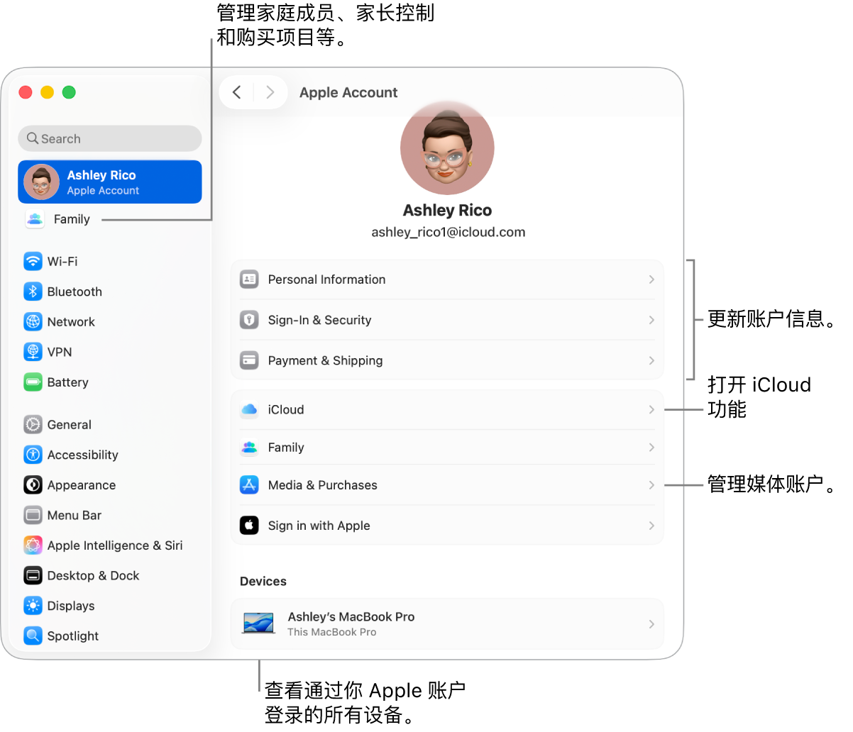“系统设置”中的“Apple 账户”设置，包含更新账户信息、打开或关闭 iCloud 功能、管理媒体账户和“家人共享”（可在其中管理家庭成员、家长控制和购买项目等）的标注框。