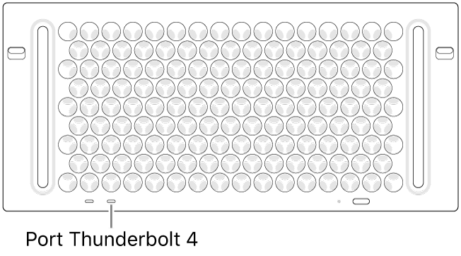 Vista zenital del Mac Pro, en què s’assenyala quin és el port Thunderbolt 4 que s’ha d’utilitzar.