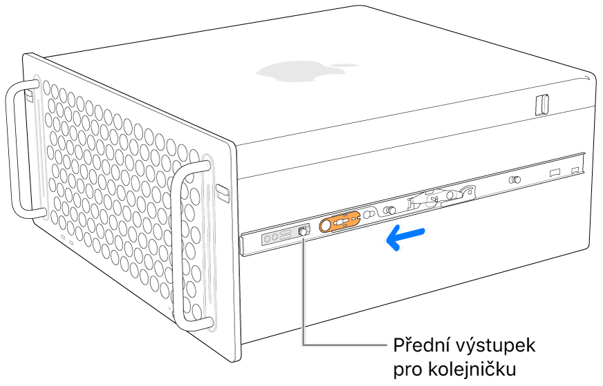 Zajištění kolejničky na boku Macu Pro posunutím dopředu