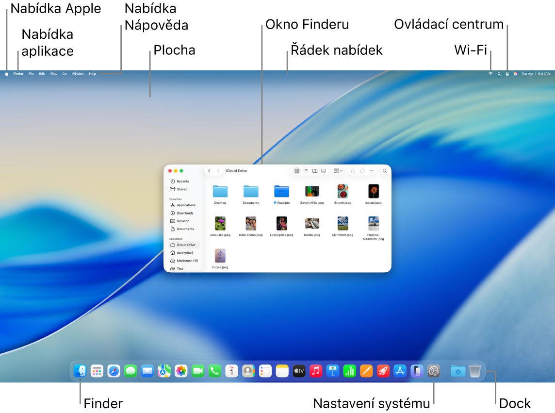 Obrazovka Macu s nabídkou Apple, nabídkou aplikací, nabídkou Nápověda, plochou, řádkem nabídek, oknem Finderu, ikonou Wi‑Fi, ikonou Ovládacího centra, ikonou Finderu, ikonou Nastavení systému a Dockem