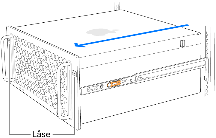 Mac Pro, der hviler på skinner, der er monteret på et rack.